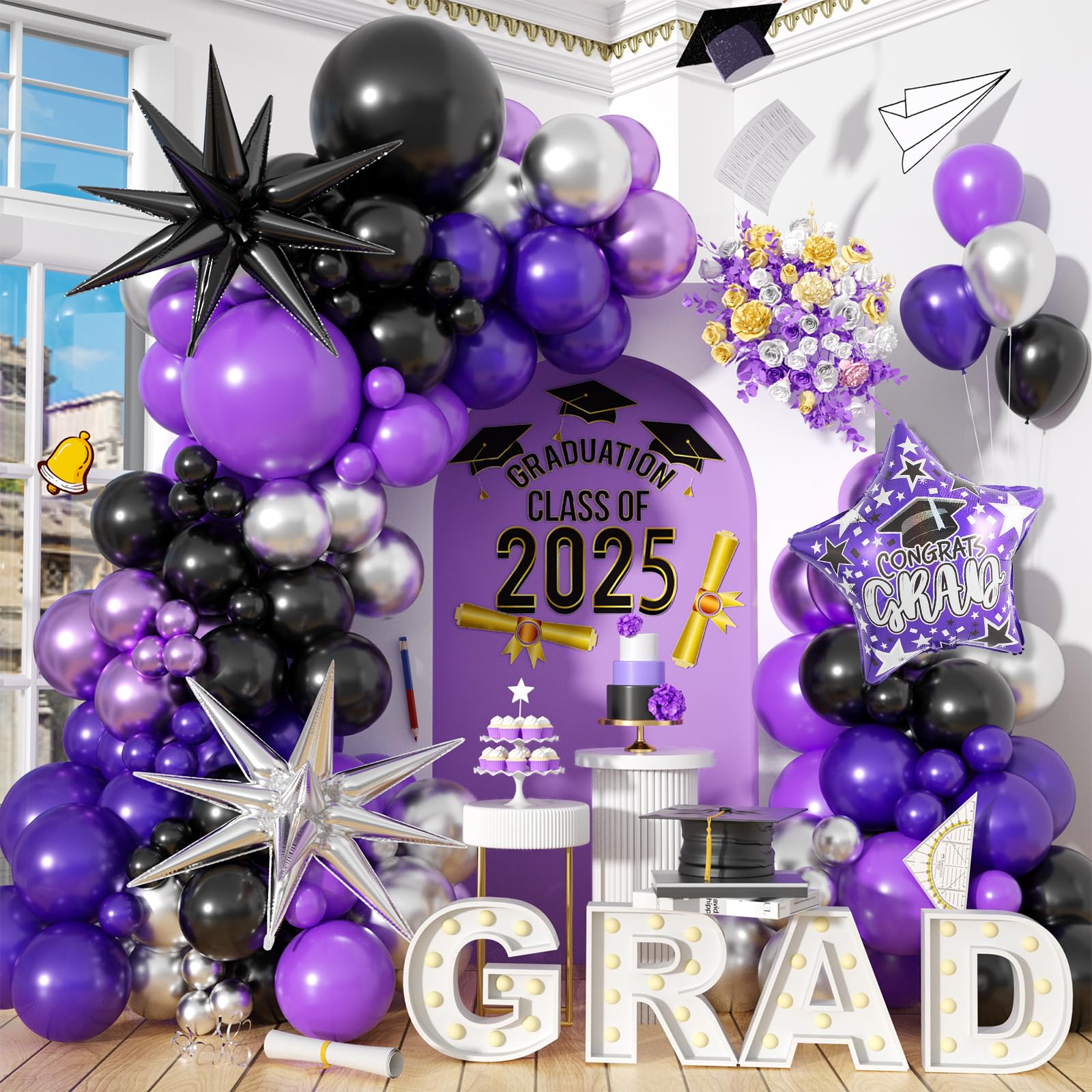Balloon Arch Kit - 118Pcs Purple Black Silver Balloons Arch